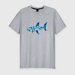 Футболка slim-fit Акула из мозаики цвета моря с надписью shark, цвет: меланж