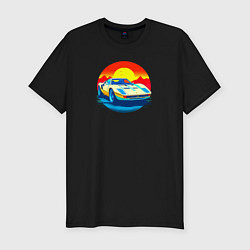 Футболка slim-fit Ретро автомобиль на фоне заката, цвет: черный
