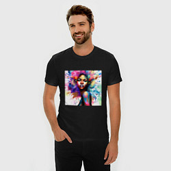 Футболка slim-fit Портрет афро девушки с акварельными брызгами, цвет: черный — фото 2