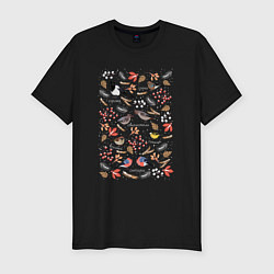Футболка slim-fit Зимующие птицы, цвет: черный