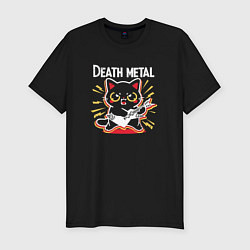 Мужская slim-футболка Death metal - котик с гитарой