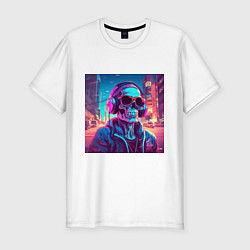 Футболка slim-fit Скелет в очках и неоновых наушниках, цвет: белый
