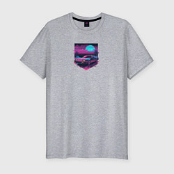 Мужская slim-футболка Гоночная машина и пальмы в пурпурном свечении