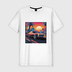 Мужская slim-футболка Ретро машина и футуристический город на закате