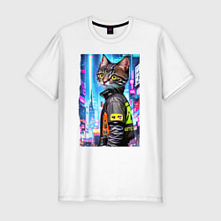 Мужская slim-футболка Котёнок в мегаполисе - нейросеть