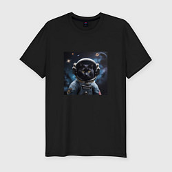 Мужская slim-футболка Черный котик космонавт