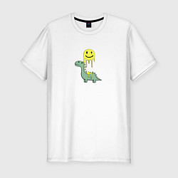 Мужская slim-футболка Мультяшный динозавр и стекающий смайлик