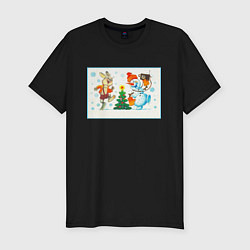 Футболка slim-fit Снеговик и заяц, цвет: черный
