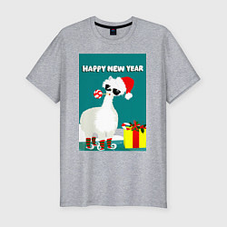 Футболка slim-fit Лама - альпака Санта Клаус на коньках, цвет: меланж