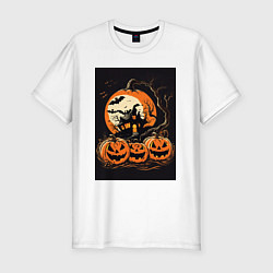 Футболка slim-fit Halloween тыква - джек фонарь, цвет: белый