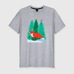 Мужская slim-футболка Лиса в лесу и птичка
