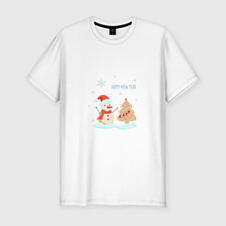 Мужская slim-футболка Снеговик с имбирной ёлкой