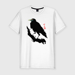 Мужская slim-футболка Ворон на ветке сливы