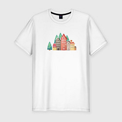 Мужская slim-футболка Винтажные домики и новогодние елки