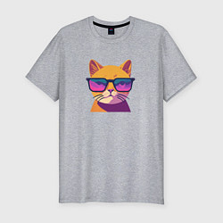 Футболка slim-fit Кот в стильных очках, цвет: меланж