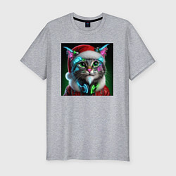Мужская slim-футболка Новогодний кибер котик - нейросеть