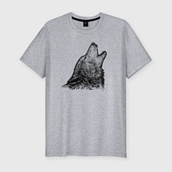 Мужская slim-футболка Волк воющий гравюра