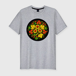 Мужская slim-футболка Хохломская роспись цветы и ягоды в чёрном круге