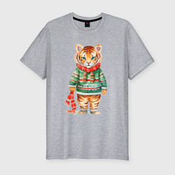 Футболка slim-fit Тигр в новогоднем свитере, цвет: меланж