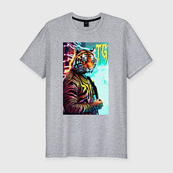 Мужская slim-футболка Модный тигр - неон