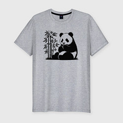Мужская slim-футболка Сидящая чёрная панда рядом с бамбуком