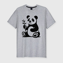 Мужская slim-футболка Сидящая панда с бамбуком в лапе