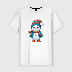 Футболка slim-fit Снеговик в шапочке и с шарфом, цвет: белый