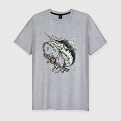 Мужская slim-футболка Скелет рыбалка