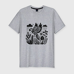 Мужская slim-футболка Летящий попугай и растения