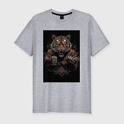 Мужская slim-футболка Тайский бокс тигр в стойке