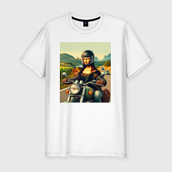 Футболка slim-fit Mona Lisa on a motorcycle - ai art, цвет: белый