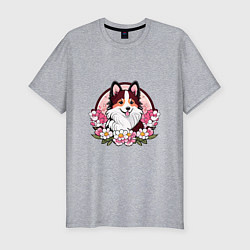Мужская slim-футболка Колли среди цветов сакуры