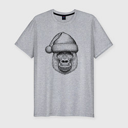 Мужская slim-футболка Новогодняя горилла в шапке