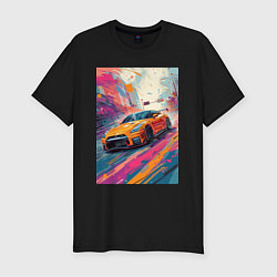 Футболка slim-fit Nissan GT-R дрифт в городе, цвет: черный