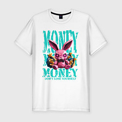 Мужская slim-футболка Розовый полигональный кролик с деньгами и глаз