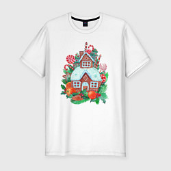 Футболка slim-fit Пряничный домик со сладостями и фруктами, цвет: белый