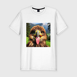 Мужская slim-футболка Забавный орел с высунутым языком в горах
