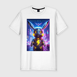 Мужская slim-футболка Cyber Pikachu - metal style neon glow