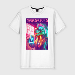 Мужская slim-футболка Cool dude Dino with a mug of beer - ai art