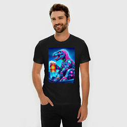 Футболка slim-fit Cyber tyrannosaur with a mug of beer - ai art fant, цвет: черный — фото 2