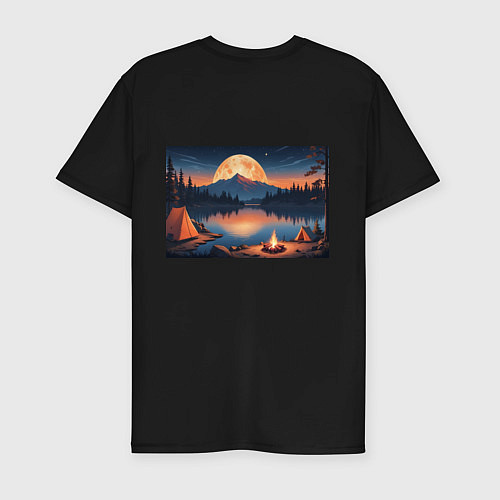 Мужская slim-футболка Костер на берегу озера / Черный – фото 2