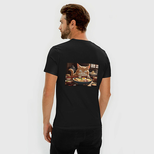 Мужская slim-футболка Кот обожает рамен / Черный – фото 4