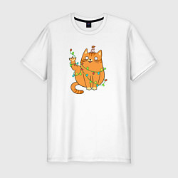 Футболка slim-fit Кот хоба - Новый год, цвет: белый