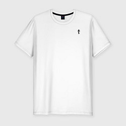 Футболка slim-fit Кто к нам с мечом придет крест черный круглый текс, цвет: белый