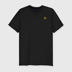 Футболка slim-fit Кто к нам с мечом придет герб желтый текст круглый, цвет: черный