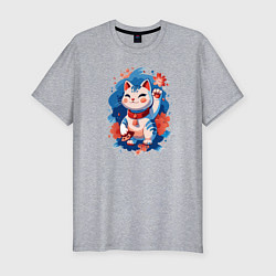 Футболка slim-fit Манеки Неко, белая кошка удачи с цветами, цвет: меланж