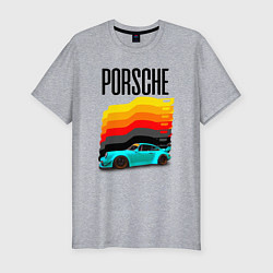 Футболка slim-fit Автомобиль Porsche на фоне флага Германии, цвет: меланж