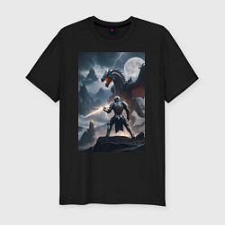 Мужская slim-футболка Сражение рыцаря с драконом в стиле Demons Souls