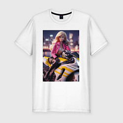 Футболка slim-fit Barbie on a Kawasaki sports motorcycle, цвет: белый