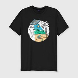 Футболка slim-fit Летающая тарелка на пляже, цвет: черный